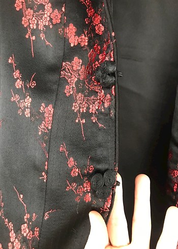 Mango Düğmeli Kırmızı Siyah Kadın Kimono Ceket - Görsel 4