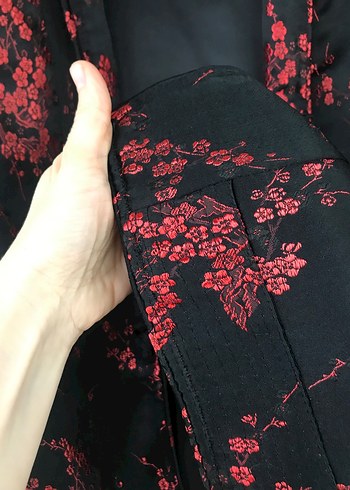 Mango Düğmeli Kırmızı Siyah Kadın Kimono Ceket - Görsel 5