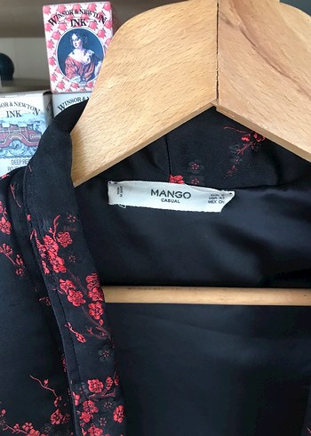 Mango Düğmeli Kırmızı Siyah Kadın Kimono Ceket - Görsel 2