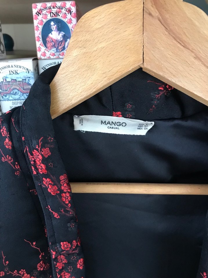 Mango Düğmeli Kırmızı Siyah Kadın Kimono Ceket - Görsel 2