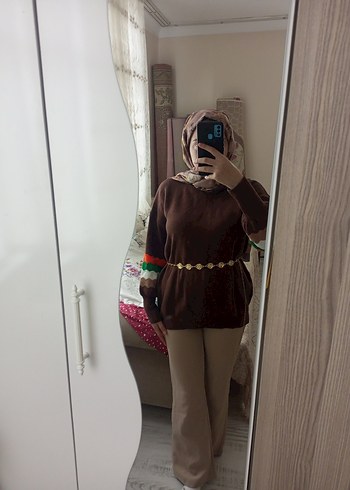 m Beden Kahverengi Bohem Salaş Triko Tunik