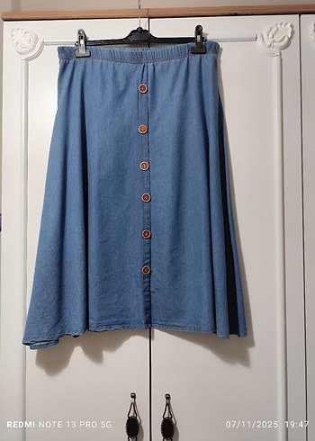 Düğmeli Mavi Midi Kot Etek - Görsel 2