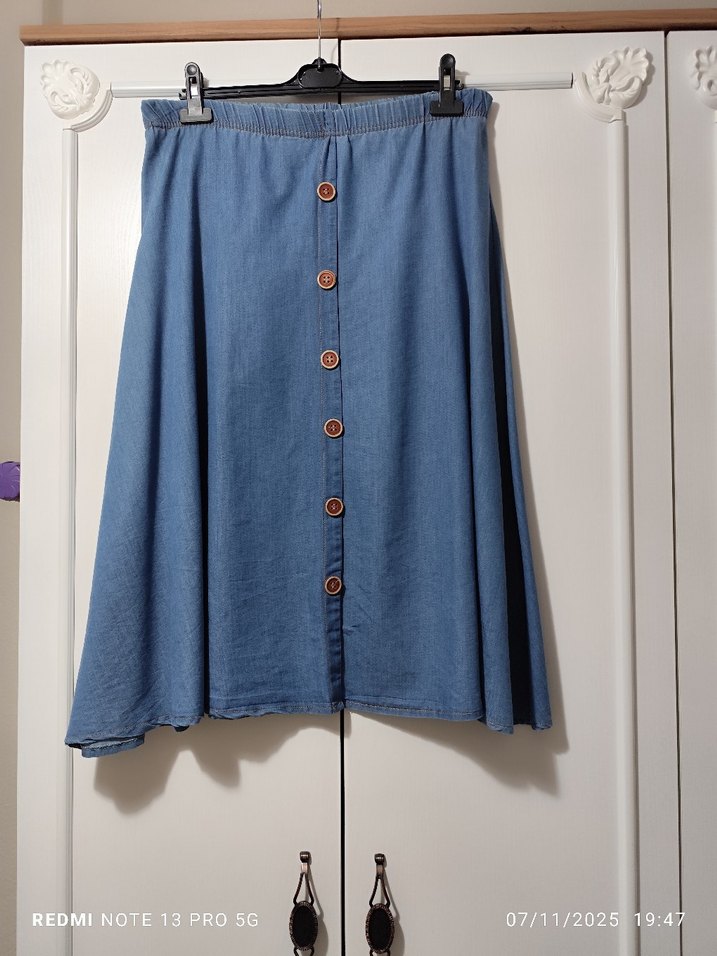 Düğmeli Mavi Midi Kot Etek - Görsel 2