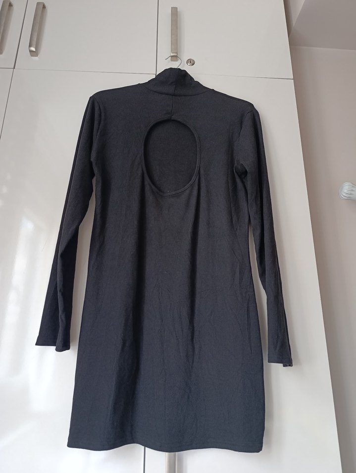 Yüksek Yaka Siyah Uzun Kollu likralı Elbise - Görsel 5