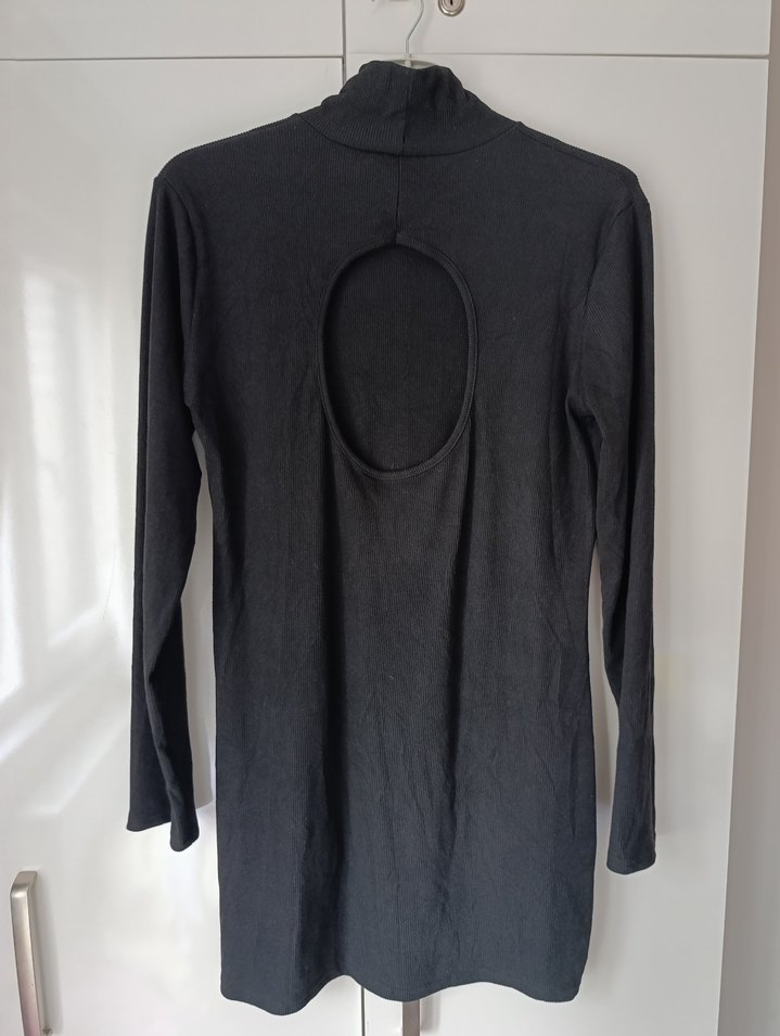 Yüksek Yaka Siyah Uzun Kollu likralı Elbise - Görsel 4