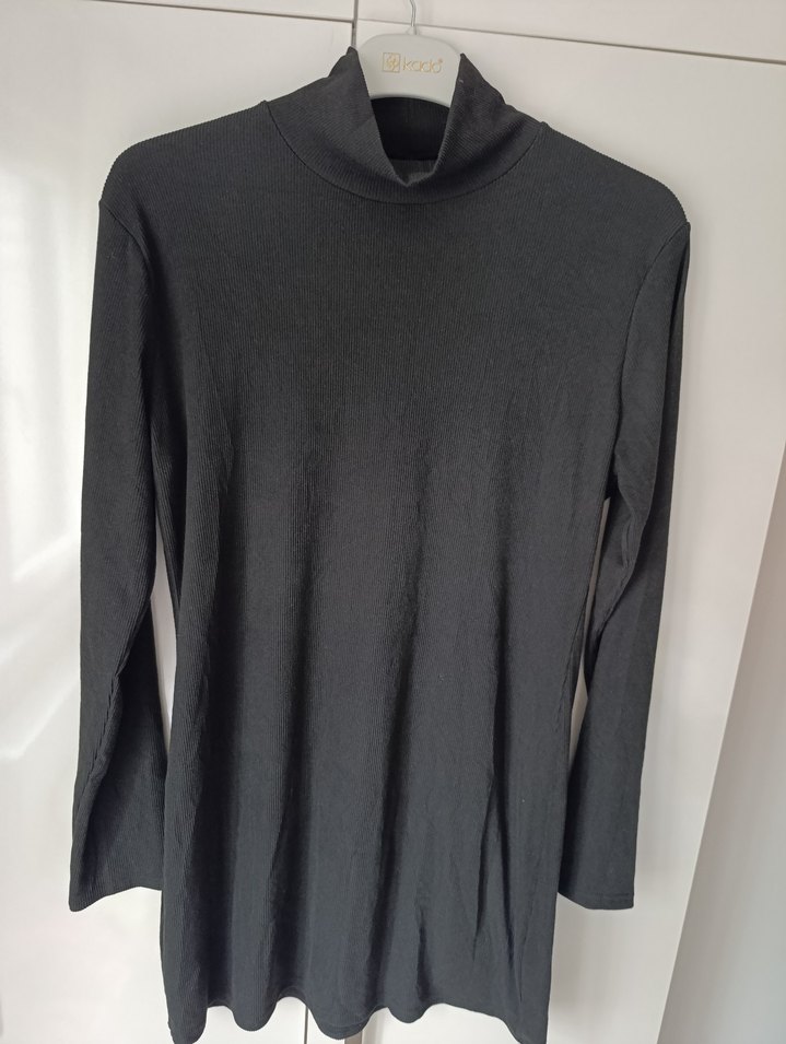 Yüksek Yaka Siyah Uzun Kollu likralı Elbise - Görsel 3