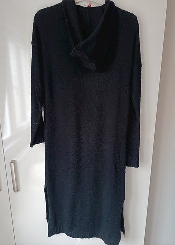 Uzun Siyah Kapüşonlu Triko Hırka - Görsel 3