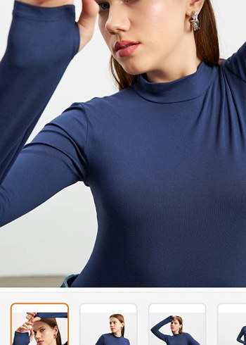 Lacivert Yüksek Yaka Uzun Kollu parmak detaylı kadın Body