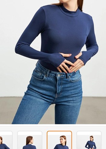 Trendyol & Milla Lacivert Yüksek Yaka Uzun Kollu parmak detaylı kadın Body