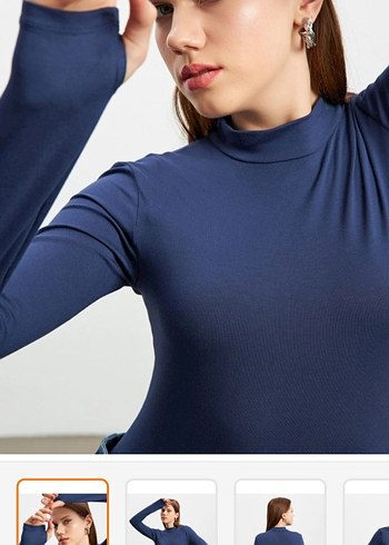 xl Beden Lacivert Yüksek Yaka Uzun Kollu parmak detaylı kadın Body