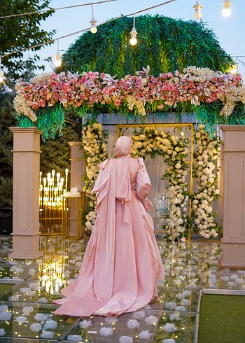 Pembe Drapeli Uzun Kollu Tesettür Abiye - Görsel 2