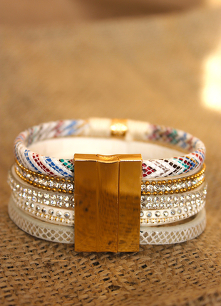 Accessorize Gold Kristalli Figürlü Çoklu Mıknatıs Kapamalı Deri Bileklik
