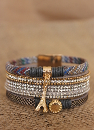 Accessorize Gold Kristalli Figürlü Çoklu Mıknatıs Kapamalı Deri Bileklik