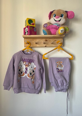 6 Yaş Beden Pembe Labubu Baskılı Uzun Kollu Çocuk Kız Takımı