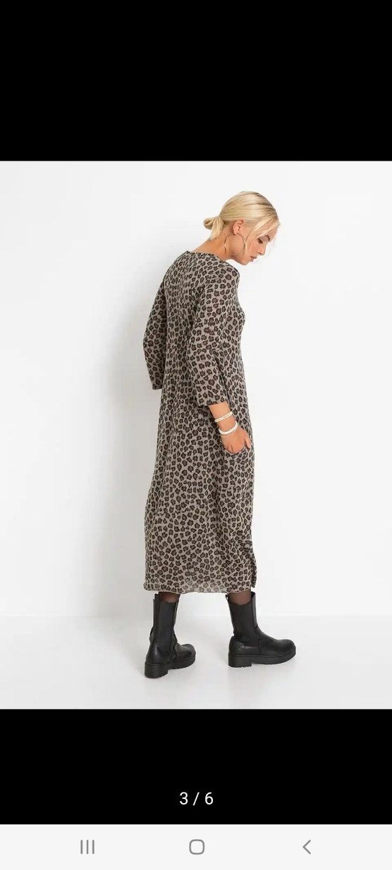 Siyah Kahverengi Leopar Desenli Uzun Elbise - Görsel 4