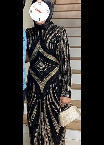 Kadın Siyah Altın İşlemeli Uzun Abiye Elbise - Görsel 2