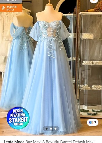 Mavi Nakışlı Transparan Uzun Nişan Elbisesi - Görsel 3