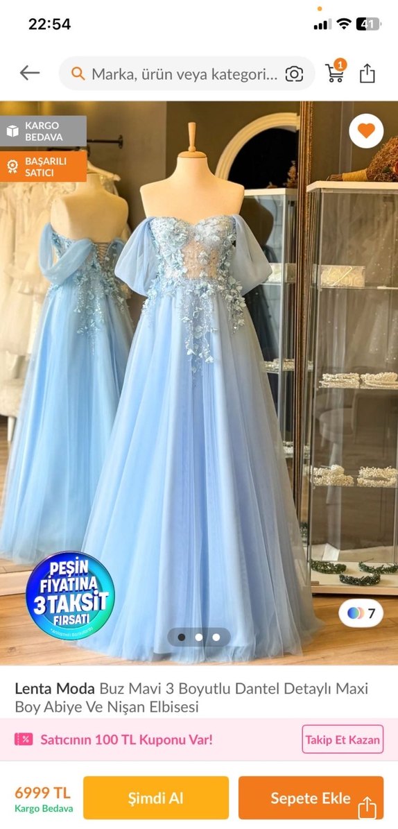 Mavi Nakışlı Transparan Uzun Nişan Elbisesi - Görsel 3