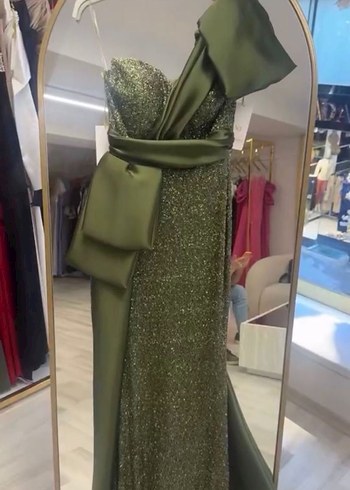 Kadın Haki Uzun Drapeli Abiye Elbise - Görsel 2