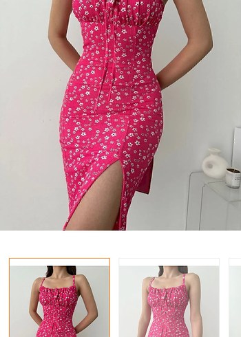 Pembe Çiçek Detaylı ipli Midi Elbise