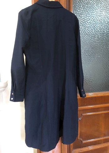 Düğmeli Lacivert Keten Uzun Kadın Elbise - Görsel 2