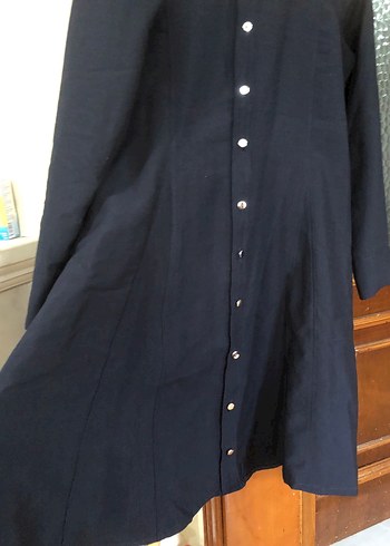 Düğmeli Lacivert Keten Uzun Kadın Elbise - Görsel 4