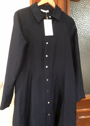 Düğmeli Lacivert Keten Uzun Kadın Elbise - Görsel 3