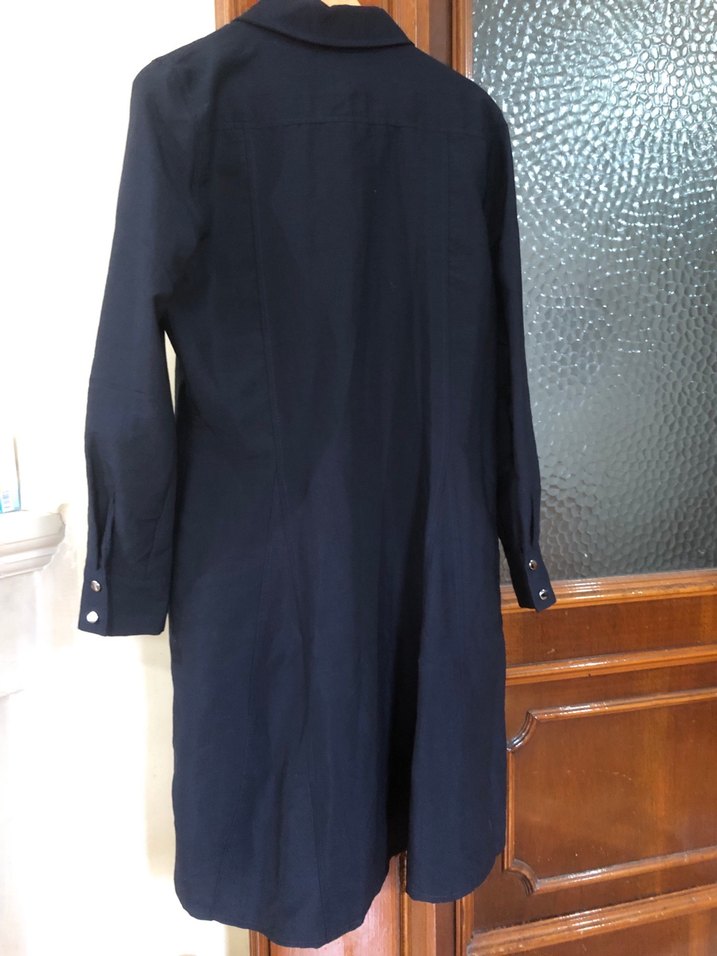 Düğmeli Lacivert Keten Uzun Kadın Elbise - Görsel 2