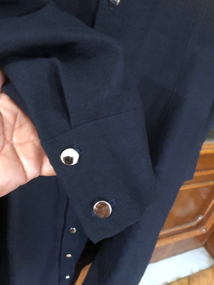 Düğmeli Lacivert Keten Uzun Kadın Elbise - Görsel 5