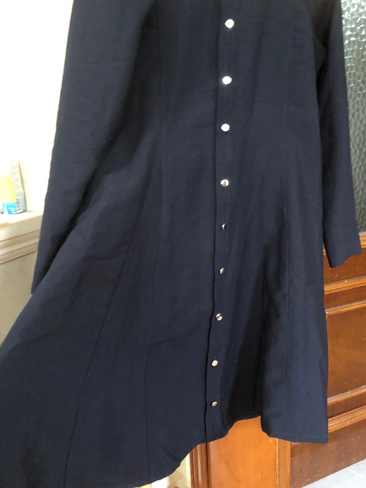 Düğmeli Lacivert Keten Uzun Kadın Elbise - Görsel 4