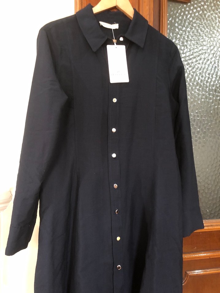 Düğmeli Lacivert Keten Uzun Kadın Elbise - Görsel 3