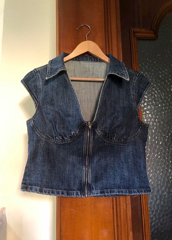 l Beden Kadın Lacivert Fermuarlı Denim Bluz
