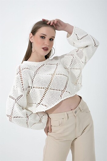 Ekru merserize crop triko bluz