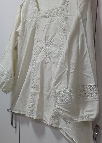 Nakışlı Bohem Beyaz Keten kolları lastikli, kırık beyaz,açıkkrem - Görsel 7