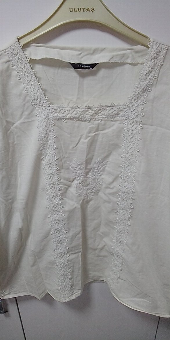 Nakışlı Bohem Beyaz Keten kolları lastikli, kırık beyaz,açıkkrem - Görsel 2