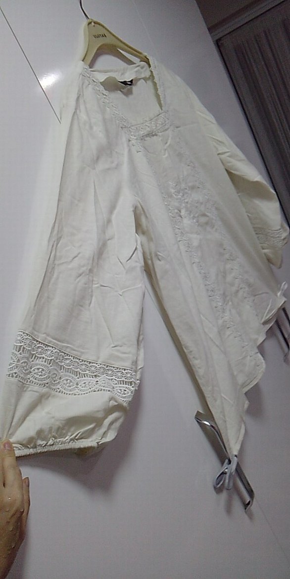 Nakışlı Bohem Beyaz Keten kolları lastikli, kırık beyaz,açıkkrem - Görsel 3