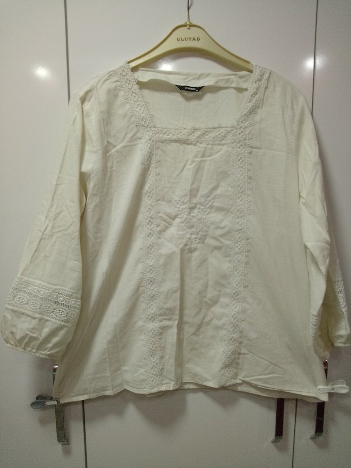 Nakışlı Bohem Beyaz Keten kolları lastikli, kırık beyaz,açıkkrem - Görsel 5