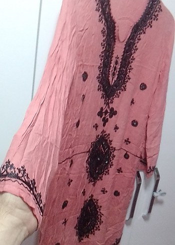 Uzun Kollu İşlemeli Boncuklu, Narçiçeği renk Bohem Tunik Elbise - Görsel 2