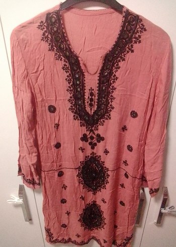 Uzun Kollu İşlemeli Boncuklu, Narçiçeği renk Bohem Tunik Elbise - Görsel 5