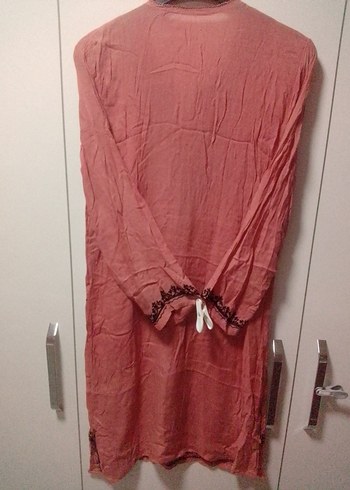 Uzun Kollu İşlemeli Boncuklu, Narçiçeği renk Bohem Tunik Elbise - Görsel 7