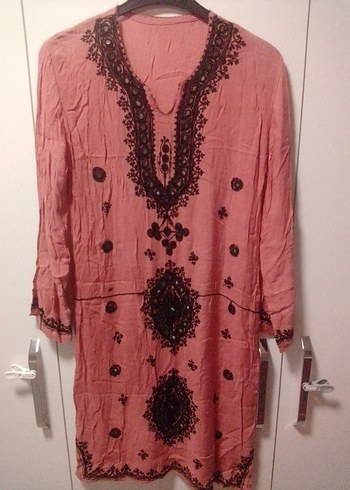 Uzun Kollu İşlemeli Boncuklu, Narçiçeği renk Bohem Tunik Elbise - Görsel 3