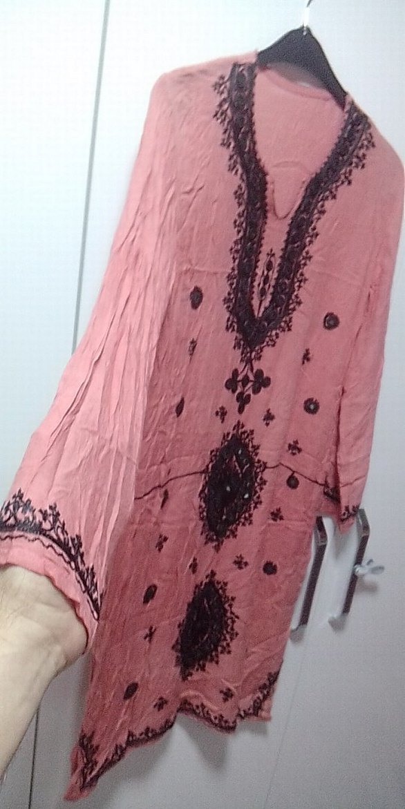 Uzun Kollu İşlemeli Boncuklu, Narçiçeği renk Bohem Tunik Elbise - Görsel 2