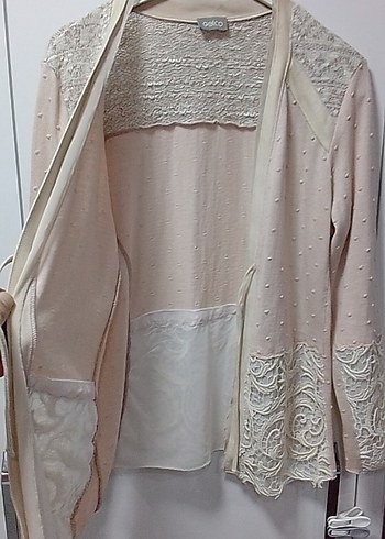 PUDRA TRİKO ÖRGÜ VE KREM DANTEL İŞLEMELİ YURTDIŞI CEKETSIFIR M/L - Görsel 8