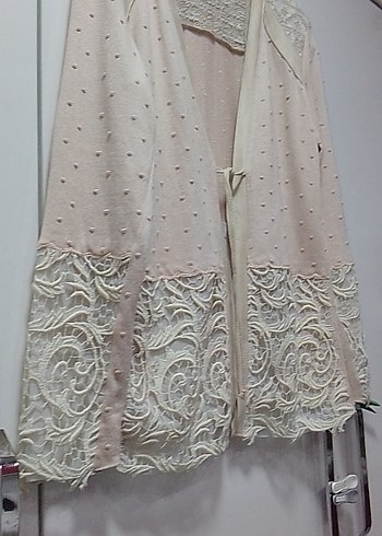 PUDRA TRİKO ÖRGÜ VE KREM DANTEL İŞLEMELİ YURTDIŞI CEKETSIFIR M/L - Görsel 11