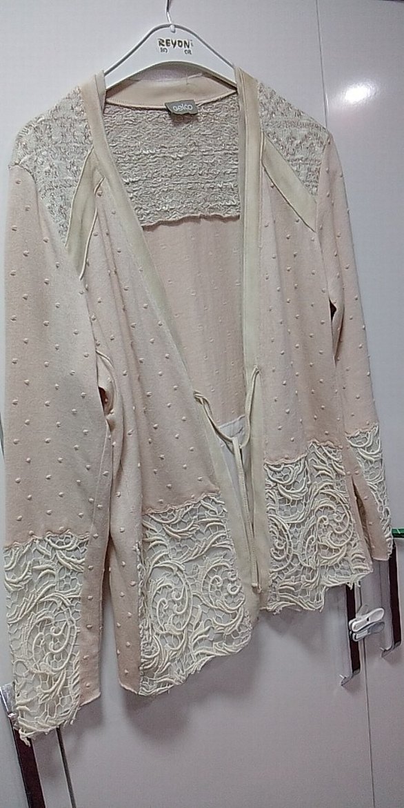 PUDRA TRİKO ÖRGÜ VE KREM DANTEL İŞLEMELİ YURTDIŞI CEKETSIFIR M/L - Görsel 5