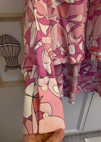 Pembe Desenli Uzun Kollu Kadın Gömlek etek takım - Görsel 3