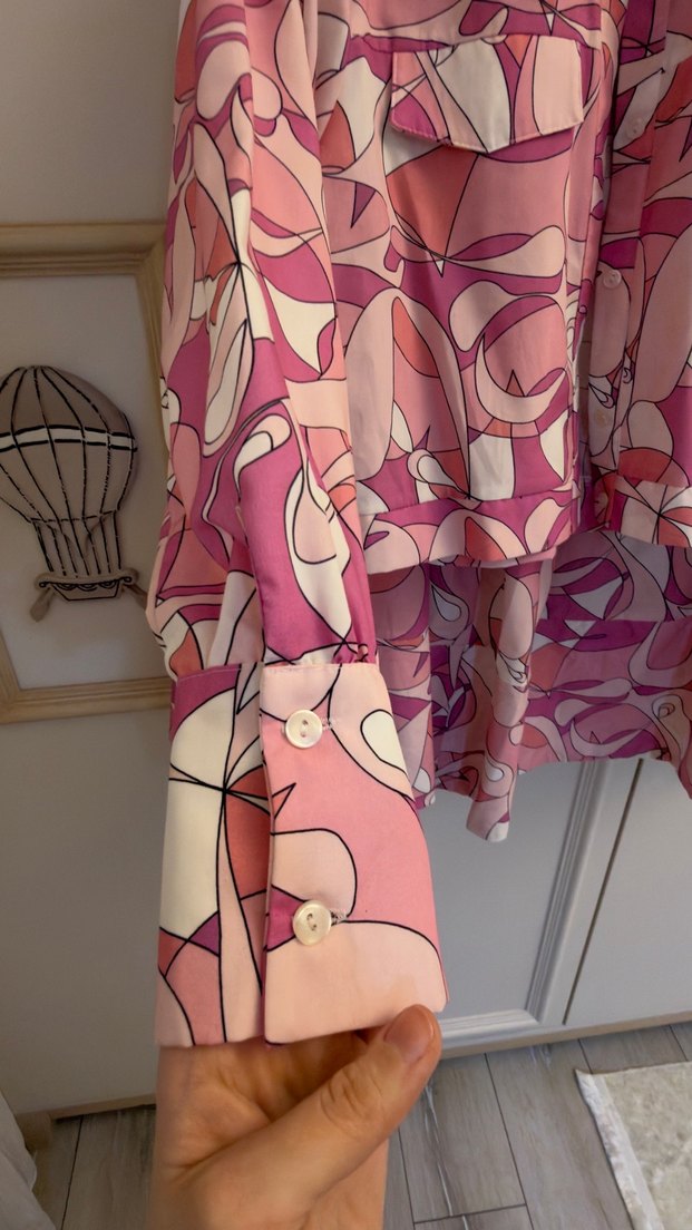 Pembe Desenli Uzun Kollu Kadın Gömlek etek takım - Görsel 3