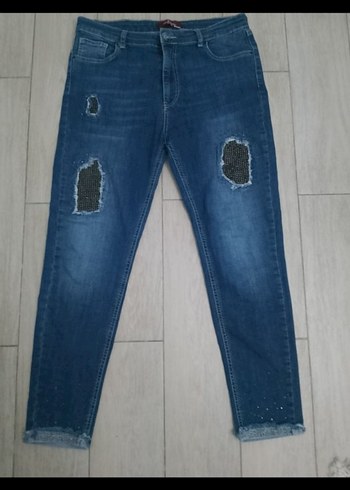 Kadın Mavi Payetli Regular Fit Likralı Denim Pantolon