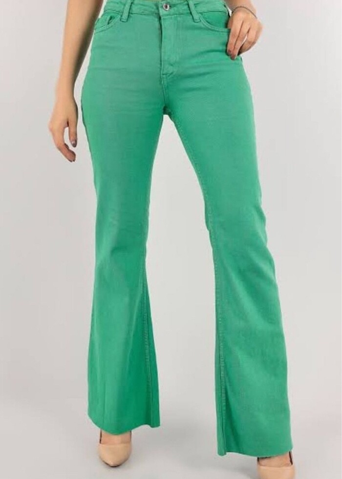 Yeşil İspanyol paça kot pantolon - Görsel 2