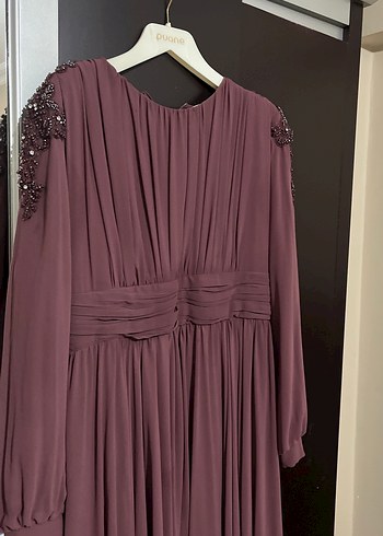 Bordo Uzun Kollu Drapeli Kadın Abiye Elbise - Görsel 3